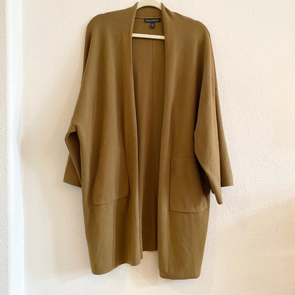 Banana Republic Petite M L Cardigan Sweater Open Front Pockets Khaki Brown‎